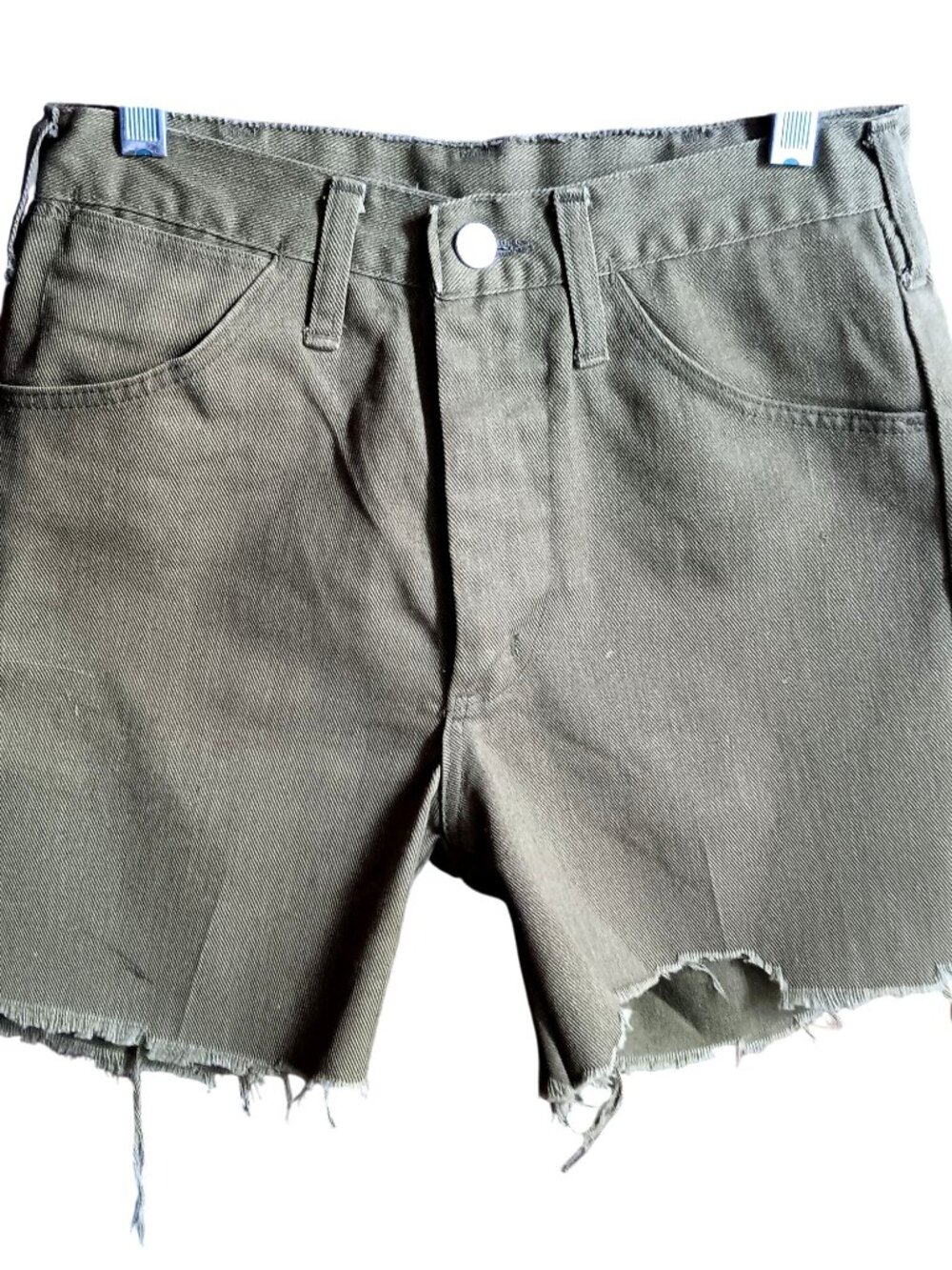 27" Vintage Cutoff Shorts Maverick Olive Green Denim Frayed Hem 1970's Hippy USA